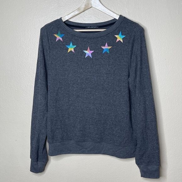 Wildfox Sweatshirt Women's Medium Gray Rainbow Stars Fuzzy Pullover - Picture 1 of 10